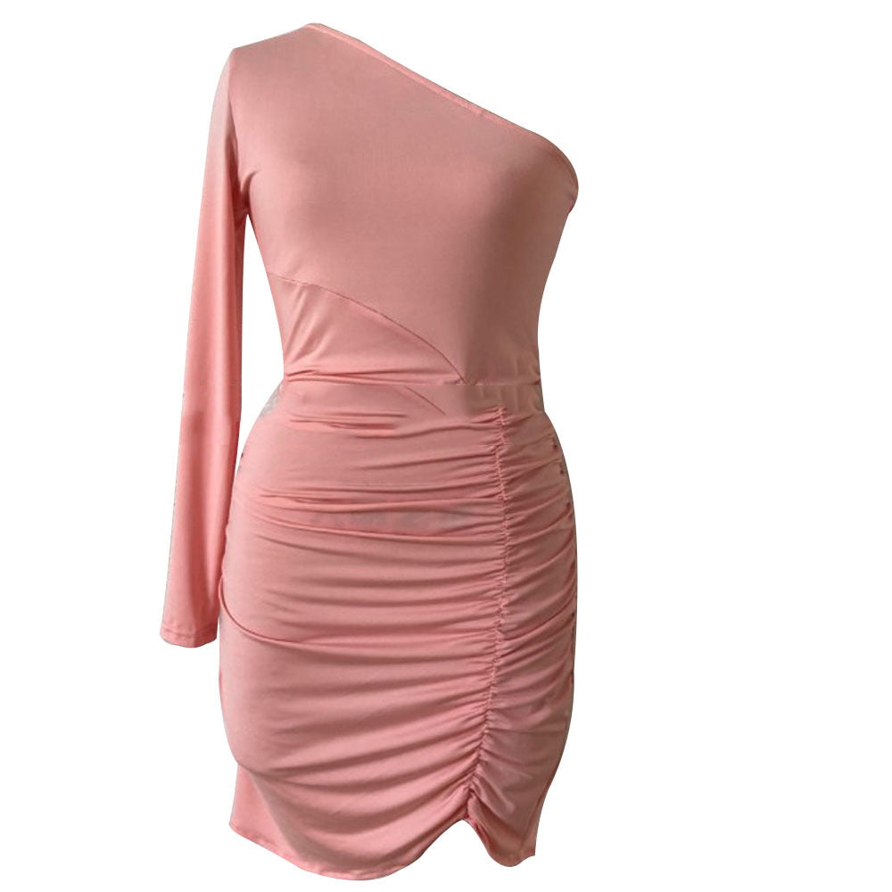 One shoulder long sleeve sexy Pleated Dress