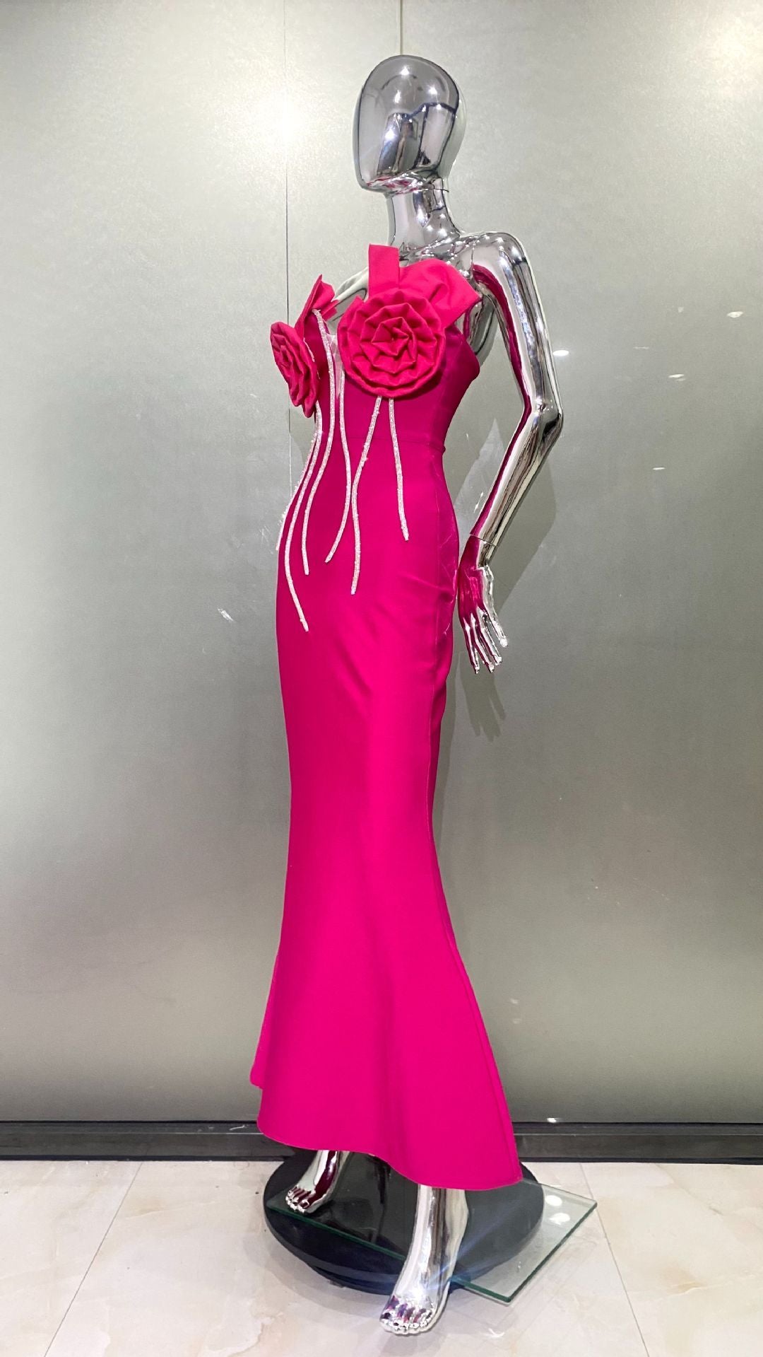 Decorative Flower Rhinestone Strip Tube Top Rose Red Dress Fashion Sweet Party Bandage