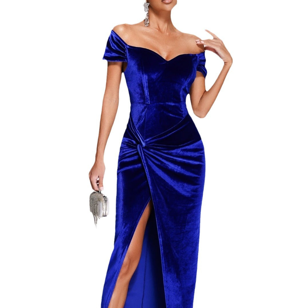 Elegant Graceful Solid Color Off-shoulder High Slit Cinched Bodycon Dress