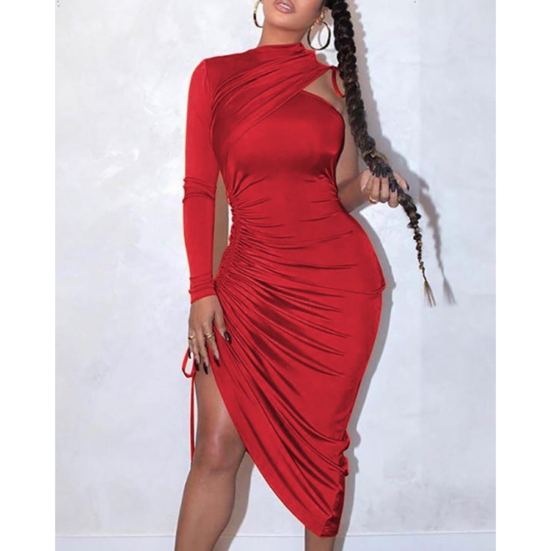 One-Shoulder Strap Pleated Tight-Fitting Dress Women