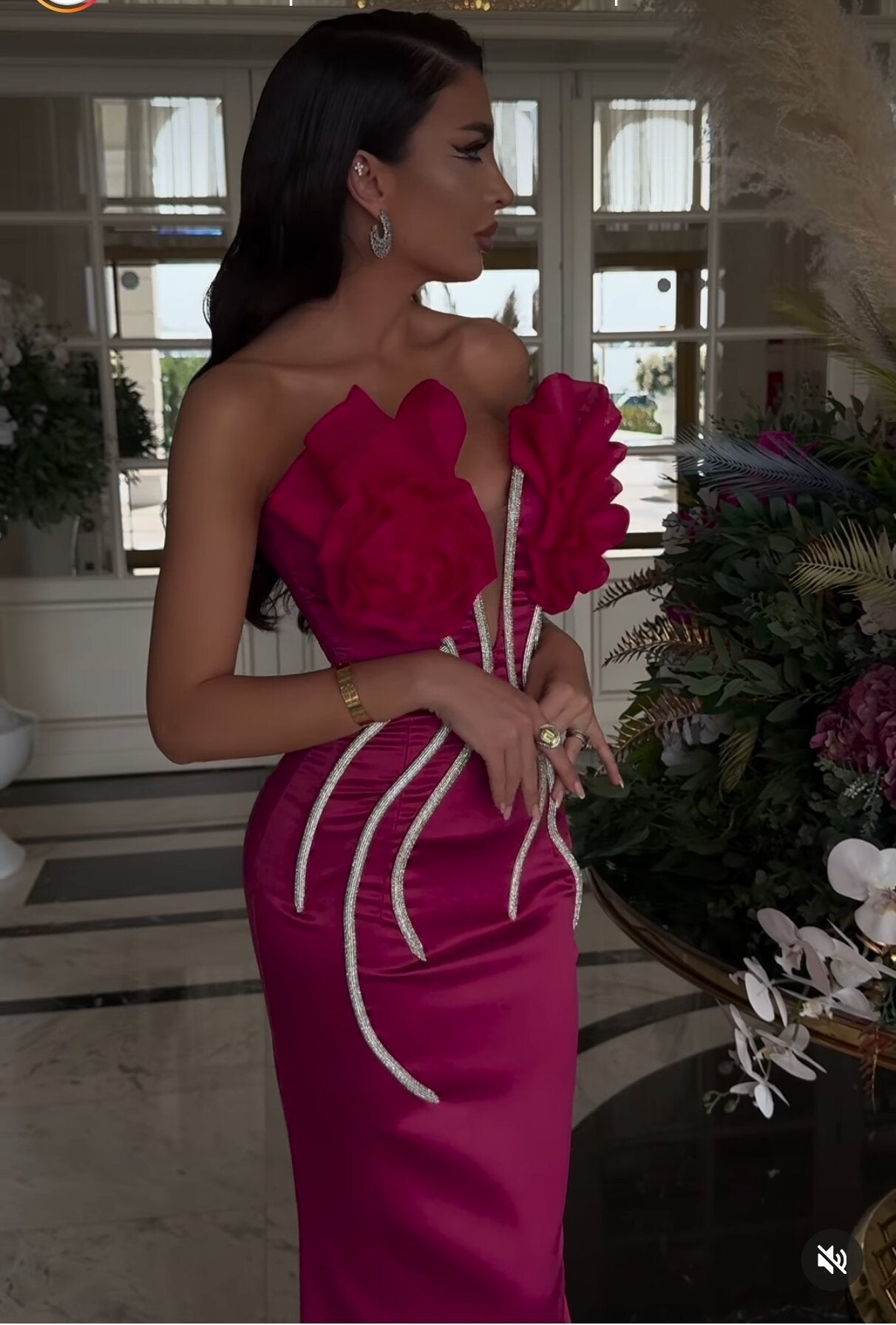 Decorative Flower Rhinestone Strip Tube Top Rose Red Dress Fashion Sweet Party Bandage