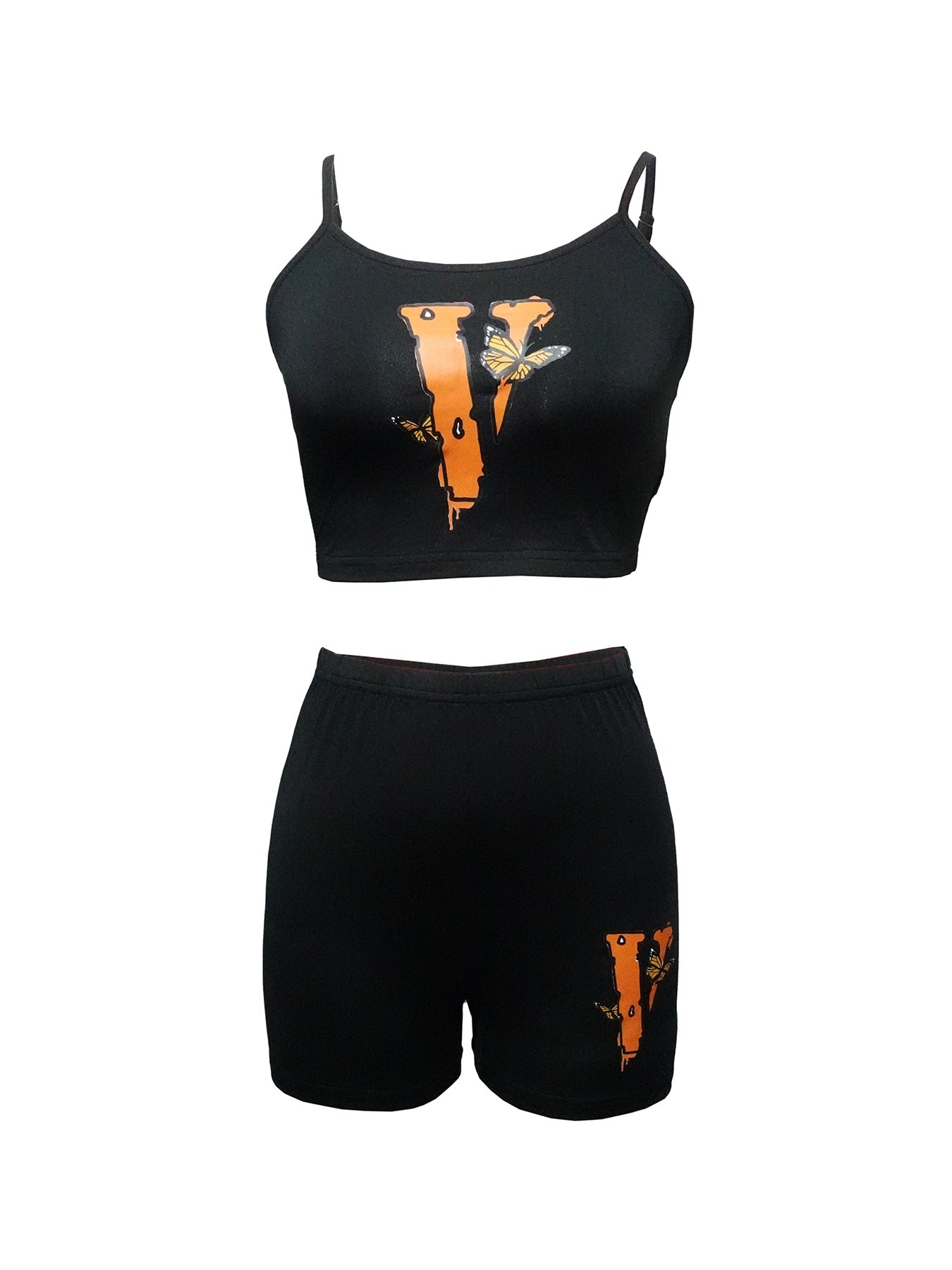 Two Piece Set Of Women's Printed V-neck Fashionable Off Shoulder Shorts