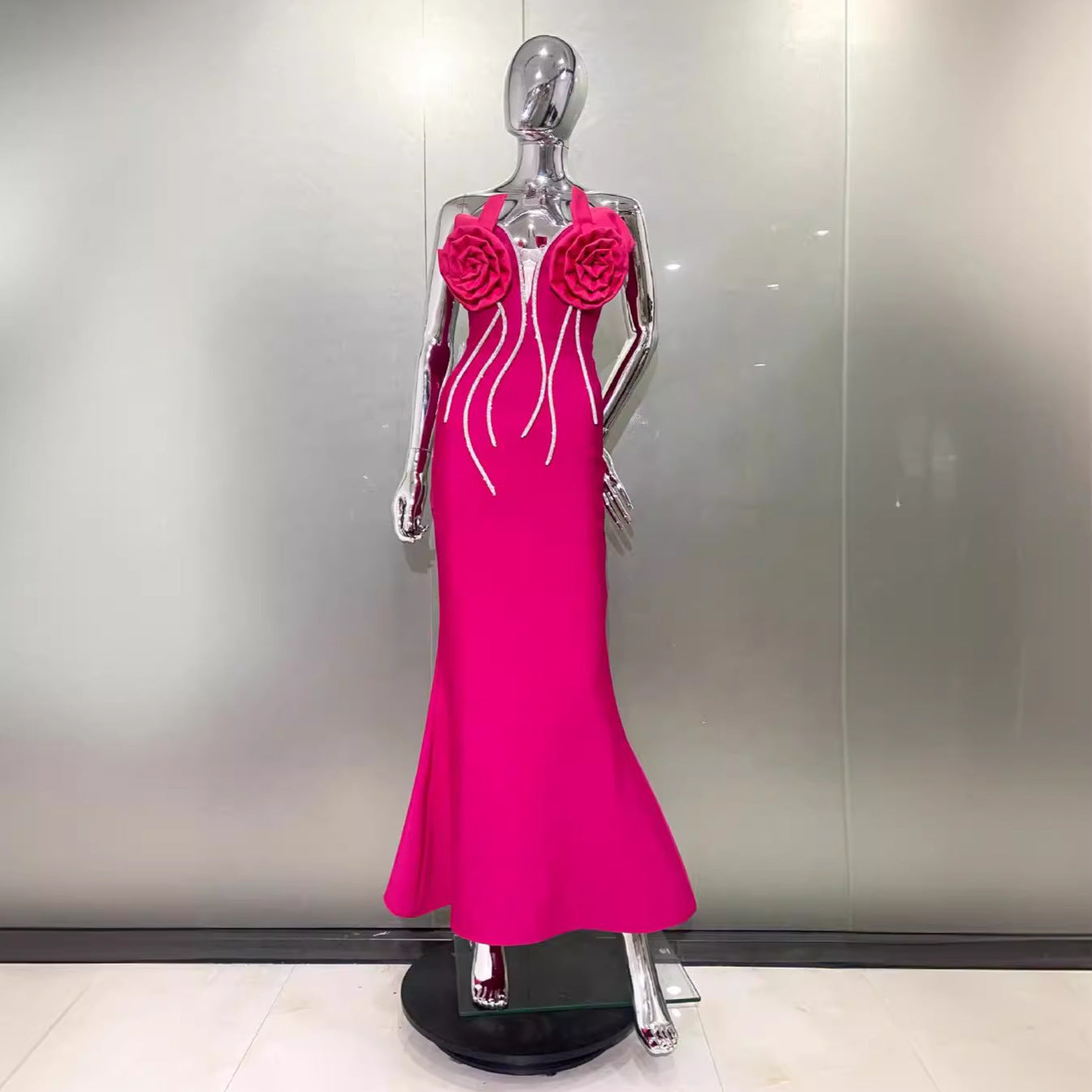 Decorative Flower Rhinestone Strip Tube Top Rose Red Dress Fashion Sweet Party Bandage