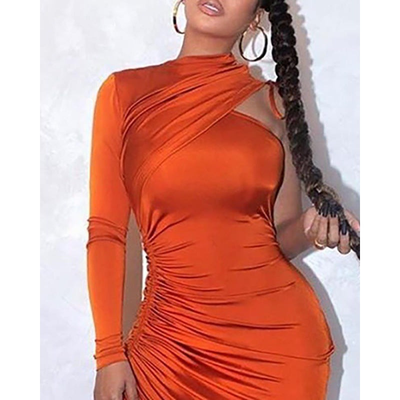 One-Shoulder Strap Pleated Tight-Fitting Dress Women