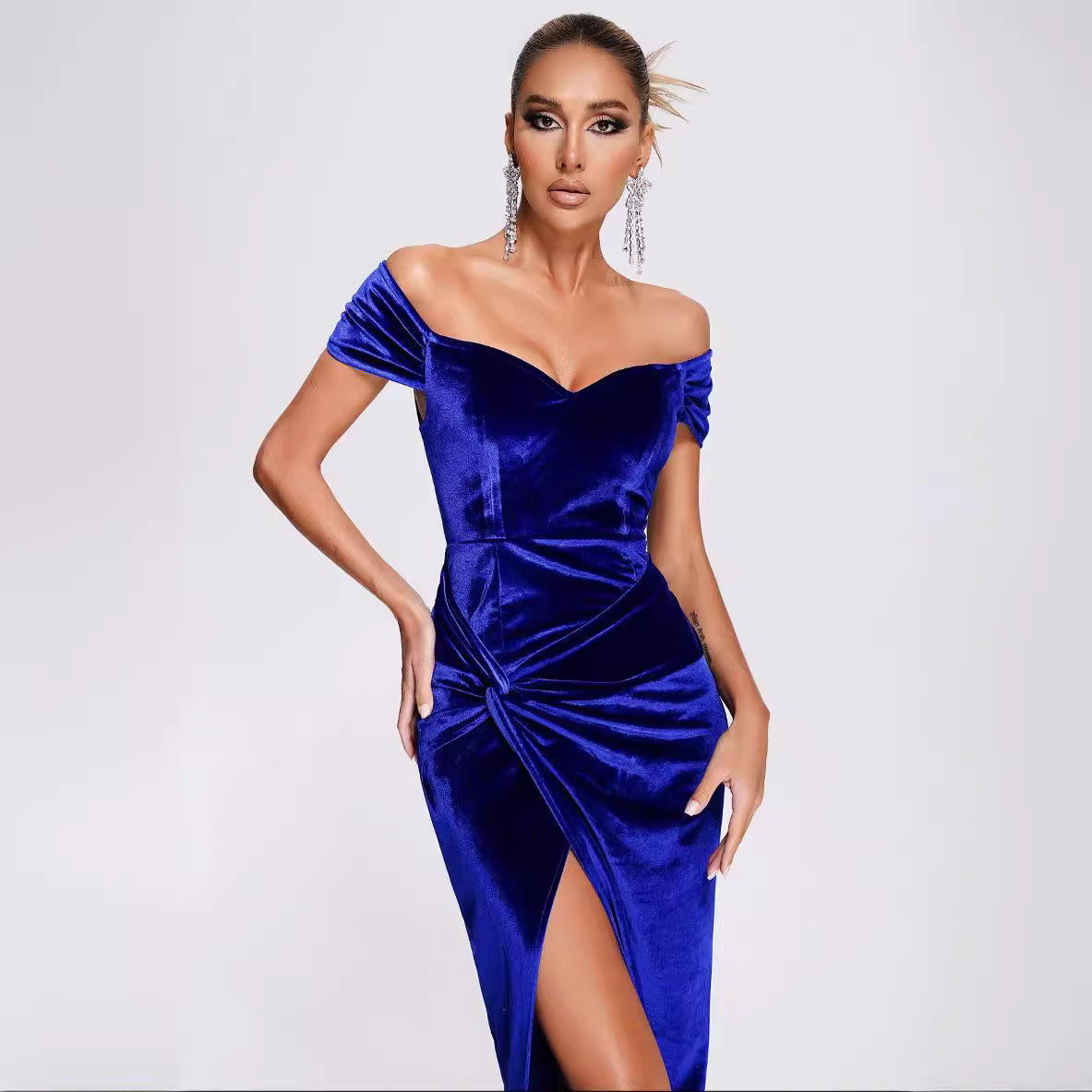 Elegant Graceful Solid Color Off-shoulder High Slit Cinched Bodycon Dress