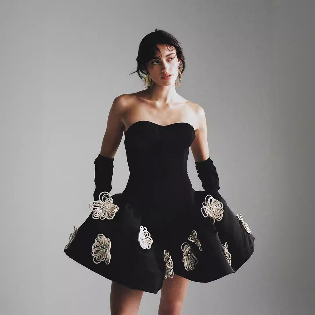 Tube Top Pettiskirt Black Flower Bandage One-piece Dress